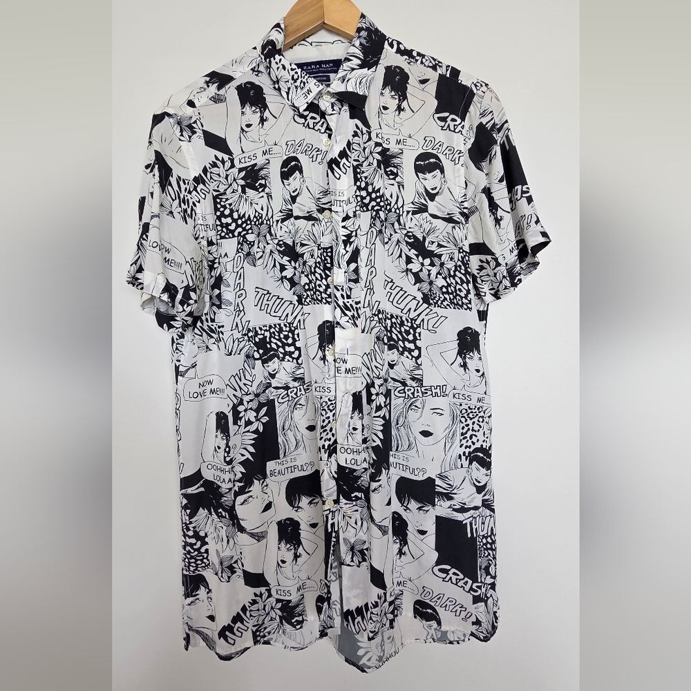 Zara Black & White Comic Graphic Short-Sleeve Button-Down Shirt Viscose
